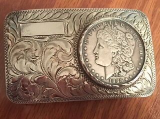 Cust M Bilt Sterling Belt Buckle 1885 O Morgan Silver Dollar