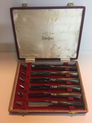 Vintage Sheffield For Neiman Marcus 6 Steak Knives W/horn Handles