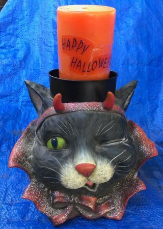 Vhtf Halloween Black Cat Candle Holder Devil Costume Winking Large Rare Display