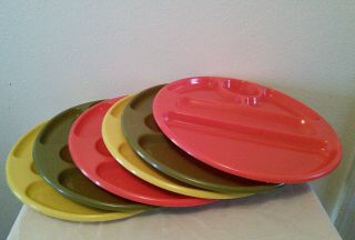 Set Of 6 Vintage 12 " Plastic Round Divided 5 Compartments Camping Picnic Plates