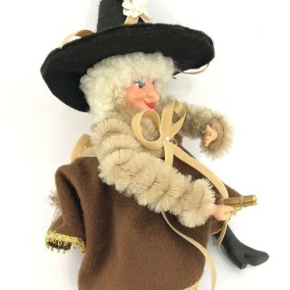 Kitchen Witch Good Luck Vintage Doll On Broom Plastic Face Chenille Pipe Cleaner