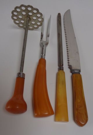 4 Vintage Kitchen Utensils With Bakelite Handles Masher Knife Fork Sharpener