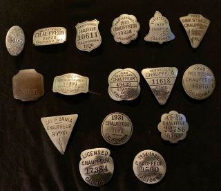 California Chauffeur Badges 1914,  1919’1920,  1922,  1923,  1924,  1925,  1926,  1927,  1928,