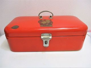Vtg Enameled Metal Bread Box Farmhouse Large Red Distressed Collectible Dutch