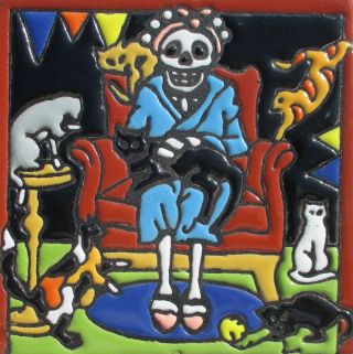 Talavera Pottery 6 " Tile Day Of The Dead Crazy Cat Lady Sofa Curlers Tabby Kitty