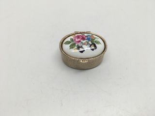 Vintage Brass & Porcelain Pill Box - Hand Painted Floral Hinged Lid