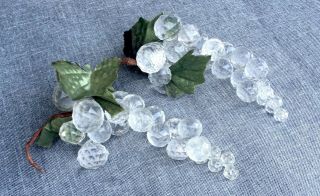 Vintage Mid Century Modern Lucite Acrylic Crystal Grapes Leaves Two Clusters