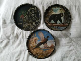 Set Of 3 Vintage Painted Metal Maine Serving Trays Bear Pheasant State Map