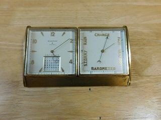 Vintage Metal Brass Desktop Perpetual Calendar Barometer Clock Swiss Seven Jewel