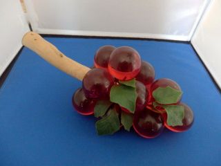 Vintage Lucite Acrylic Raspberry Grape Cluster,  Leaves On Driftwood Stem