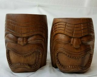 Vintage Set Of 2 Carved Wood Tiki Mugs Large 5 " Tall 3.  5 " Diameter