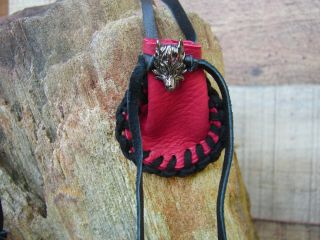 Native American Deerskin Medicine Bag W/ Wolf Bead Necklace Pouch 2 " X 1.  5 "