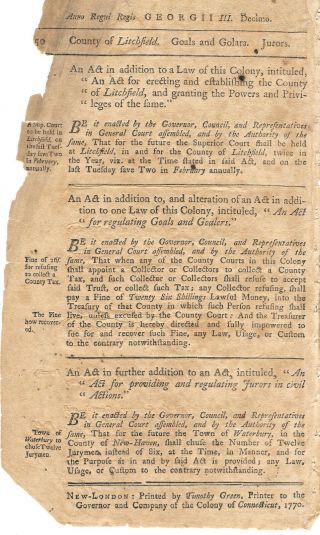 REVOLUTIONARY WAR ERA CONNECTICUT ACTS & LAWS 1770 RARE 2 PAGE COLONIAL IMPRINT 2