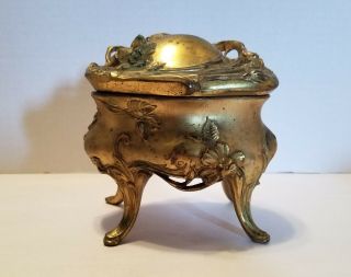 Vintage Antique Art Nouveau Jewelry Casket Trinket Dresser Footed Box Gold Tone