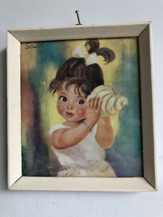 Vintage Kitch Retro Soulet 1960’s Picture Of Pretty Wide Eyed Girl With Seashell