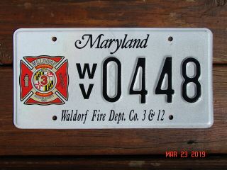 Maryland Waldorf Fire Dept License Plate Firefighter Rescue Wv0448