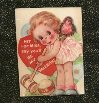 Vintage Valentine; Little Girl Playing Croquet; Mallet & Ball; Robin On Shoulder