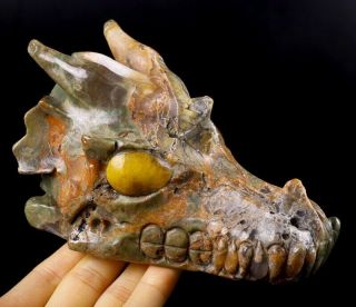 5.  2 " Morris Jasper Carved Crystal Dragon Skull,  Tiger Eye Eyes,  Healing