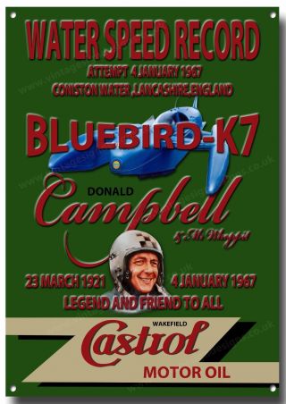 Bluebird K7 Water Speed Record Attempt Metal Sign.  Donald Campbell.  Castrol Oils.