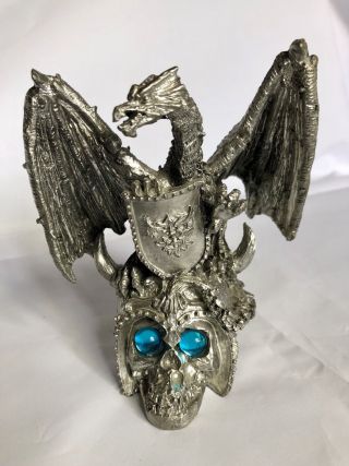 Vintage Pewter Dragon With Shield On Top Of Skull