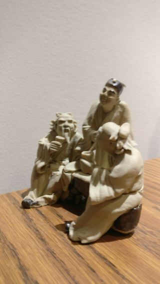 Chinese Mud Man Bonsai Figurine Three Men Drinking Unglazed