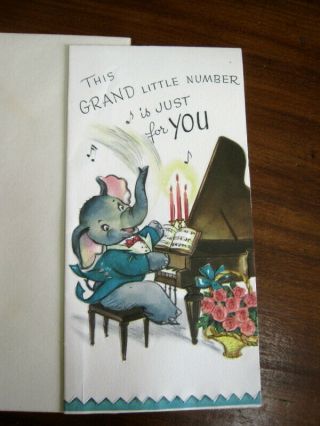 Vtg 1950s Messenger Birthday Card,  Elephant Playing Grand Piano,