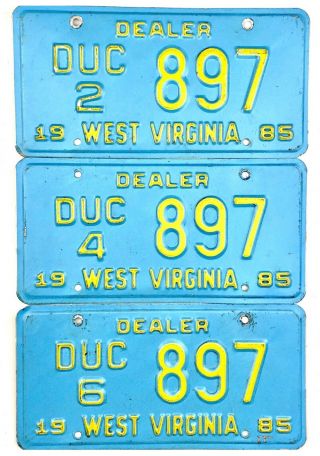 1985 West Virginia Dealer License Plate Set 897 Plates 2,  4,  And 6