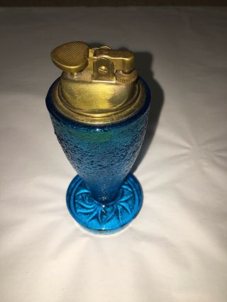 Vintage Blue Glass Cocktail Cigarette Cigar Table Lighter