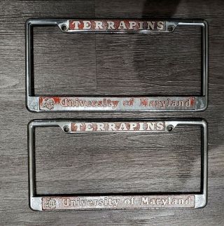 Maryland Pair License Plate Tag Number Terrapins Frames Vintage Md Chrome