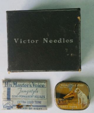 Gramophone Phonograph Needle Box,  Tin & Packet Hmv Victor,  Tungstyle,  Nadeldose
