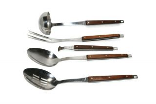 Vintage Ekco Flint Stainless Steel Wood Kitchenware Set Spoons Ladle Fork