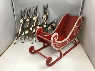 Vintage Santa Sleigh With Reindeer Hand Painted Wood & Masonite Christmas Decor