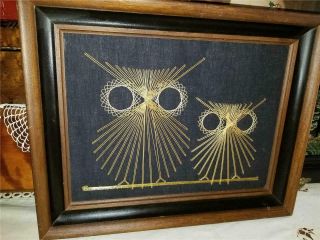 Mid - Century Modern 1960s Mcm Vintage Framed String Art 2 Sitting Owls On Branch