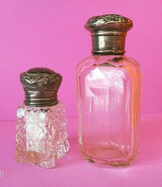 Set Of 2 Glass Antique Bottles Perfume With Silver Sterling Caps 1858 