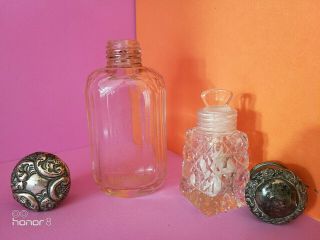 SET OF 2 GLASS ANTIQUE BOTTLES PERFUME WITH SILVER STERLING CAPS 1858 ' s &1890 ' s 2
