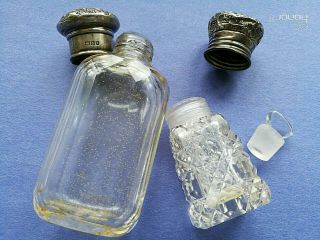 SET OF 2 GLASS ANTIQUE BOTTLES PERFUME WITH SILVER STERLING CAPS 1858 ' s &1890 ' s 5