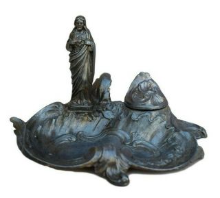 Religious Antique French Jesus Christ Sacred Heart Inkwell Ink Stand