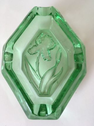 Vintage Green Glass Thick Ashtray Dish W/ Raised Iris Flower Design Cigar
