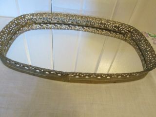 Vintage Oval Mirrored Vanity Tray Filigree Brass Metal Edges With Flowers