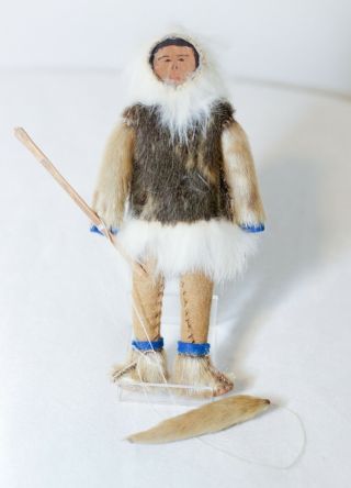 Vintage Eskimo Doll Handmade Carved Wood Face Fur Clothes Hunting 8 "