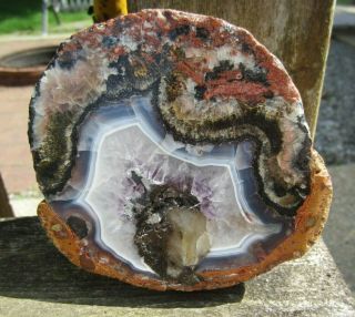Mexican Redskin Agate Geode With Amethyst And Calcite.  Face Polished 1lb 13oz