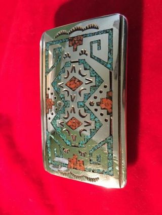Native American Turquoise Coral Chip Inlay Signed Sd Sterling Silver Belt Buckle