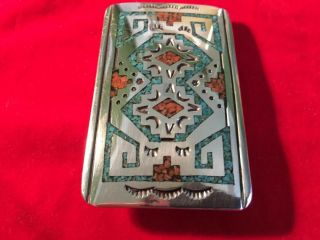 Native American Turquoise Coral Chip Inlay Signed SD Sterling Silver Belt Buckle 2