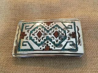 Native American Turquoise Coral Chip Inlay Signed SD Sterling Silver Belt Buckle 4