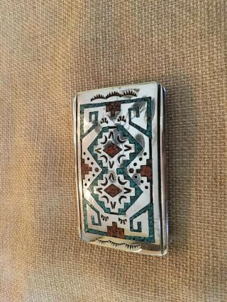 Native American Turquoise Coral Chip Inlay Signed SD Sterling Silver Belt Buckle 5