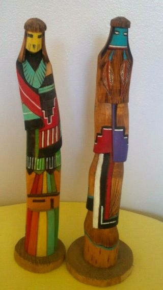 2 Southwest All Wood Hand Carved Painted Long Hair Yellow Corn Kachinas 11 " Each