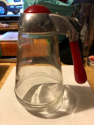 Vintage Red Bakelite Handle And Top Glass Syrup Pitcher Dispenser
