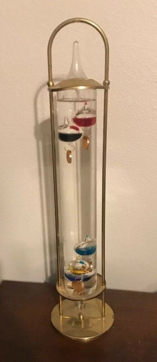 Galileo Glass 16.  5” Thermometer With Brass Accents 5 Medalions 64 - 80 Degrees