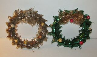 2 Vintage Christmas Foil Wreaths Mercury Glass Ornaments & Mesh Bows Gold Green