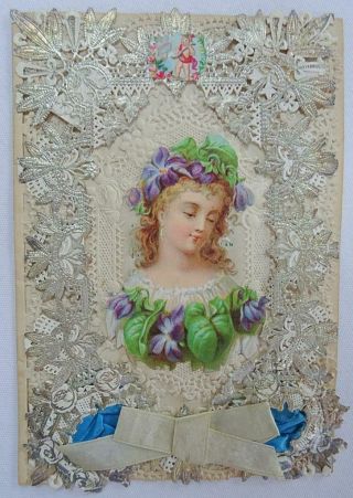 Victorian Paper Lace Antique Greeting Card Valentine Printed Lady Flowers Ribbon